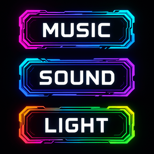 Buttons assets with same colors and shape with text 'music', 'sound', 'light'. cyberpunk. abstract. futuer. different colors. HD colors.
In-Game asset.  2d.  High contrast.  No shadows