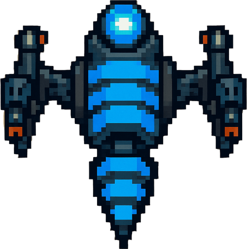 top down pixel art of an aggressive war drone with blue wasp stripes with a blue light on top.
In-Game asset.  2d.  High contrast.  No shadows