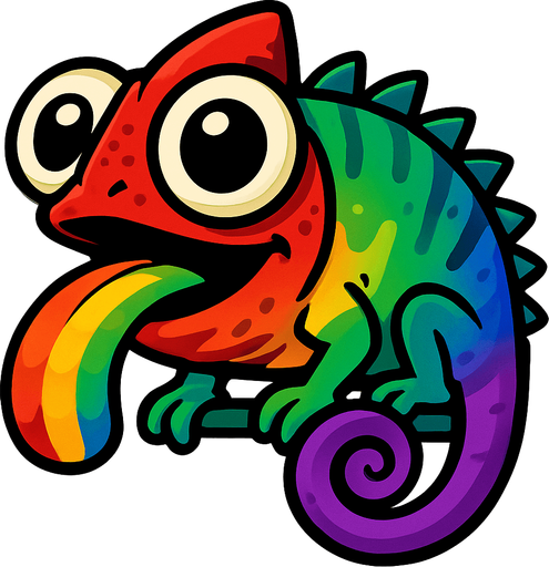 kocaman gözleri olan ve ağzında olan her renge göre renk değiştiren bir bukalemun.
In-Game asset.  2d.  High contrast.  No shadows