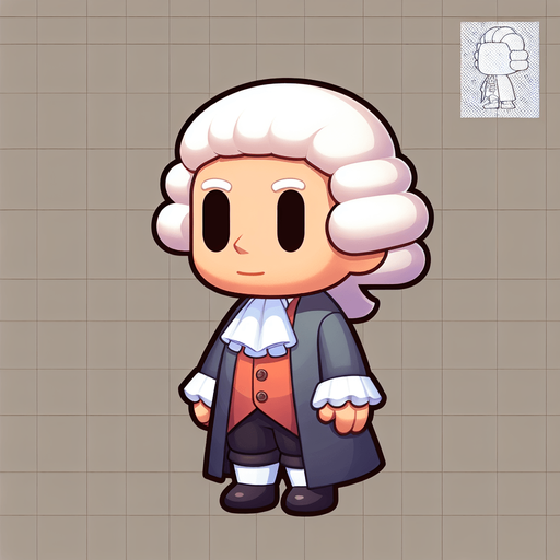 Newton in a white wig, full-length, cartoon style.
Single Game Texture. In-Game asset. 2d. Blank background. High contrast. No shadows.