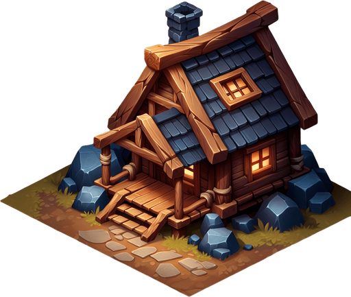 Kulübe.
Single Game Texture.  In-Game asset.  2d.  Blank background.  High contrast.  No shadows