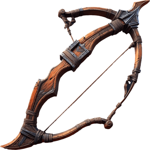 A rugged medieval bow with a wooden frame and slightly frayed string, perfect for a fantasy setting..
Game asset. Rustic and worn. Medieval fantasy style. High detail with visible wood grain.