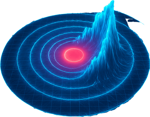Growing expanding outward Overhead digital simulation hologram of oceanic meteor impact tsunami wave shockwave radius circle outward crashing neon cyberpunk 3d diagram
