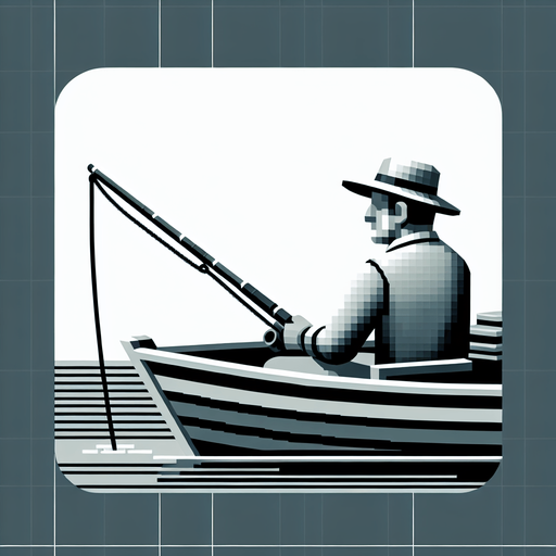 Man fishing on boat.
Single Game Texture.  In-Game asset.  2d.  Blank background.  High contrast.  No shadows
