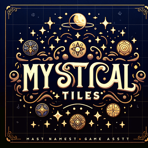 A large game logo displaying the title 'Mystical Tiles' in a mysterious font with magical decorations and effects, suitable for display on a dark bagground. Aspect ratio of the logo should be 10:4.
Single Game Texture. In-Game asset. 2d. Blank background. High contrast. No shadows.