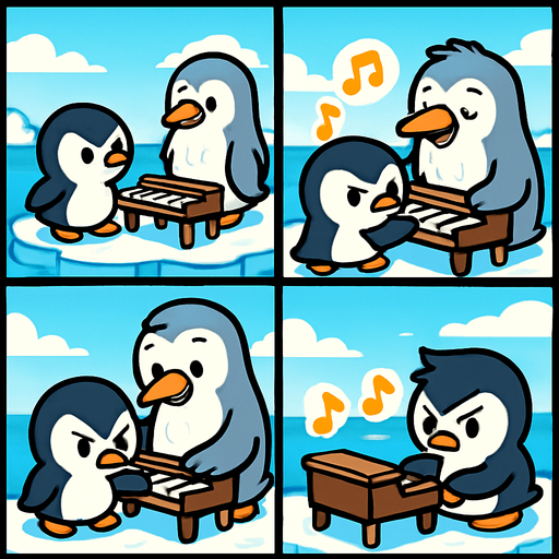 4-panel comic strip, no text, cute cartoon style, bright colors, black outlines.
Characters: Penguin Hero (small, determined) + Penguin Princess (elegant, crown) + Village Penguins
Central Theme: Music connects hearts, piano mastery wins love. Story: Old wise penguin teaches Hero about music and courage

Panel 1: Hero meets old penguin with small piano on ice floe
Panel 2: Old penguin demonstrates simple piano scales, notes are warm/golden
Panel 3: Hero tries playing, makes mistakes but old penguin encourages
Panel 4: Hero practices with determination, musical notes getting brighter.
In-Game asset.  2d.  High contrast.  No shadows