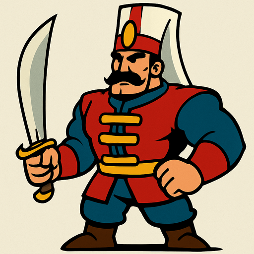 animasyo çizgi dizi gibi bir osmanlı yeniçerisi ama güçlü.
In-Game asset.  2d.  High contrast.  No shadows