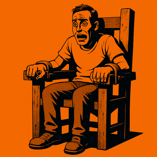 a person in site position chair and scared and his hands on the to woods of the chair (torturing chair) tied similar to saw room scene
In-Game asset.  High contrast.  No shadows. 3D