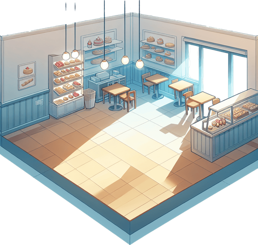 interieure de patiserie vide avec uniquement le sol et les murs.
Single Game Texture. In-Game asset. 2d. Blank background. High contrast. No shadows.