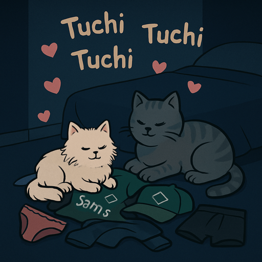 Ahora, basandote en sus uniformes, quiero que una imagen donde se vea esa ropa tirada en el suelo alado d euna cama con colcha azul marino, es de noche, oscuro y tambien hay ropa interior rosa de nia y negra de chico.
SObre la ropa hay un gatito blanco y uno mas grqande de color gris, el gato blanco es algo peludo.
Que se vean coraozncitos y diga en el aire muchas veces flotanto *Tuchi tuchi*