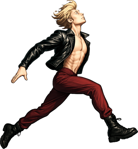 Swishy graceful man opposite arm and leg in front Cyberpunk manga, side profile view jumping pushing off the ground one leg extended one knee raises arms at sides loookkng skyward torpedo magic launching leap jump, shiny black leather biker jacket longsleeves shirtless Skinny abs blonde pompadour guy, wine red joggers combat boots, Background removed, "Full-body character, entirely in frame, no cropping of face, head, or feet" "Complete character visible, from head to toe, fully centered in the image" "Entire character, including face and boots, fully within the frame" Character fully contained within a square frame, no edges cut off fashion model idle pose