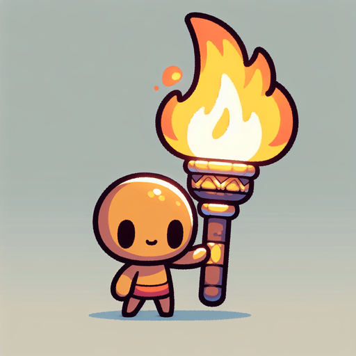 Si tu souhaites créer un personnage tenant une torche pour ton jeu, voici quelques conseils pour le design :

    Design du personnage :

        Proportions simples : Garde le design du personnage simple et épuré, avec une silhouette facilement reconnaissable. Il pourrait être petit et mignon, dans un style cartoon.

        Torche : La torche devrait être grande par rapport à la taille du personnage, avec une flamme vive pour ajouter du dynamisme. Assure-toi que la flamme est visible et lumineuse, avec des dégradés de jaune et orange..
Single Game Texture.  In-Game asset.  2d.  Blank background.  High contrast.  No shadows