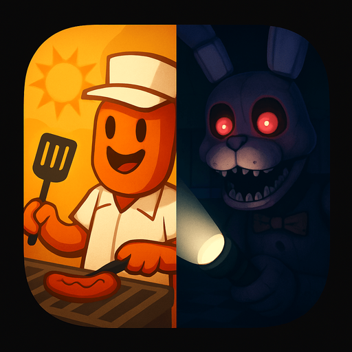 Modern App Store icon, high definition, square with rounded corners, for a game titled "Working at Huls" and with the description "A dual-phase survival game combining hot dog cooking simulation with horror survival. Work the day shift serving customers, then survive the night defending against animatronics with your flashlight.". No text on icon!