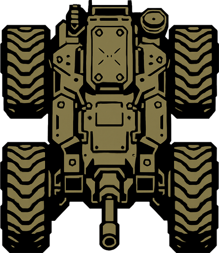 Top view of a Heavy armored military ground drone.
In-Game asset.  2d.  High contrast.  No shadows