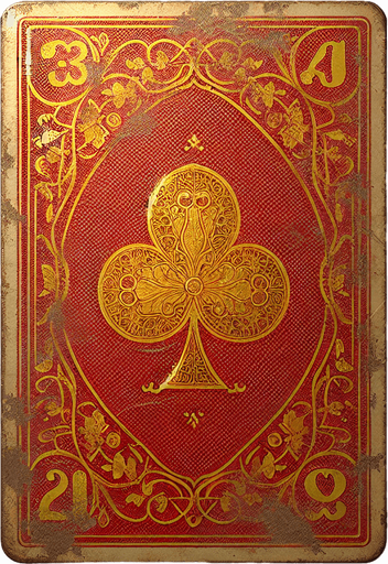 The back of a card. It's a faded red color and features a beautiful gold Edwardian design. The cards look slightly old, as if used for many years..
Single Game Texture. In-Game asset. 2d. Blank background. High contrast. No shadows.