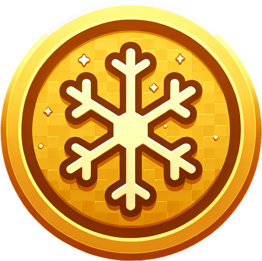 icon for a golden snowflake, on a circle, on the top is the text: "golden snowflakes" cartoon Single Game Texture. In-Game asset. 2d. Blank background. High contrast. No shadows.