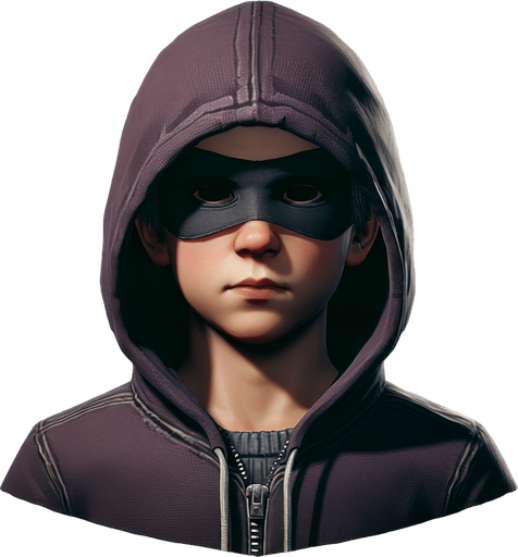 A ninja kid thief, full body, with a dark purple hoodie.
Single Game Texture. In-Game asset. 2d. Blank background. High contrast. No shadows.