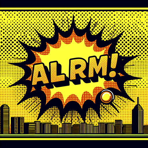 "ALARM" text bubble yellow, comic book style..
Single Game Texture. In-Game asset. 2d. Blank background. High contrast. No shadows.