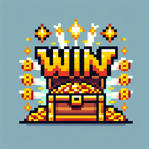 simple golden text saying "WIN". text is bursting out of the treasure chest with golden coins bursting behind the text. pirate themed banner. pixelated. 8 bit..
Single Game Texture. In-Game asset. 2d. Blank background. High contrast. No shadows.