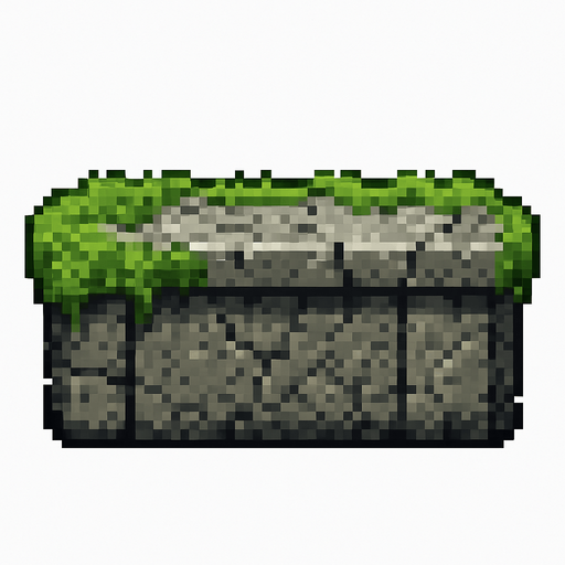 Stone platform sprite, solid gray granite texture with green moss covering, ancient ruins style, rectangular shape, weathered stone surface, small cracks and details, stable and heavy appearance, 2D pixel art, side view, transparent background.
In-Game asset.  2d.  High contrast.  No shadows