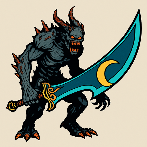 It's a scary monster, it has a 50-meter sword in its hand, it looks like the full moon sword in the game Metin2..
In-Game asset.  2d.  High contrast.  No shadows