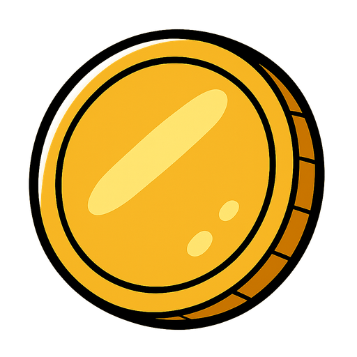 Simple golden coin, rounded, shiny, big black outline, funny