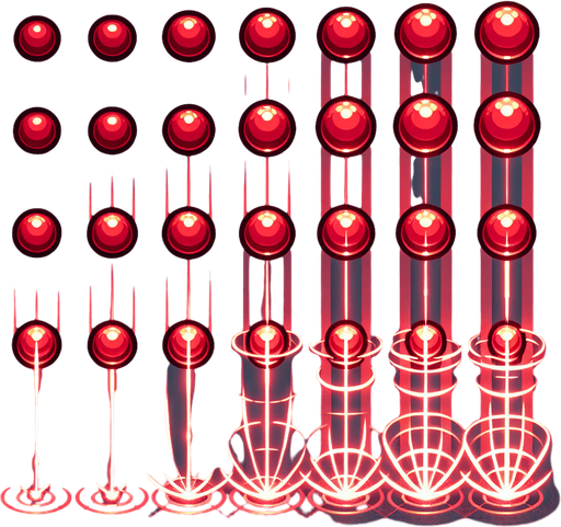 A sprite sheet of glowing red orbs for charging a laser.
Single Game Texture. In-Game asset. 2d. Blank background. High contrast. No shadows.