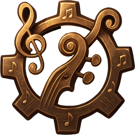 Design an icon for the Settings menu in a fantasy tower defense game set in a haunted concert hall. The icon should be a stylized gear or cogwheel, but with a musical twist: integrate treble clefs, tuning pegs, or parts of old instruments (like violin scrolls or piano strings) into the gear design.

Use metallic textures (bronze, dark gold, or polished silver), with soft magical glow or engraved music notes along the edges.
Background should be subtle—deep velvet or dark wood, with ambient lighting to highlight the gear.

Icon must be square (256×256 px), readable at small sizes, and include no text.
Style: elegant, orchestral fantasy UI—matching the tone of a classical concert hall with magical elements..
In-Game asset.  2d.  High contrast.  No shadows