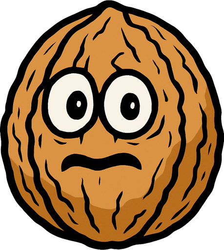 Nuez de color marrón claro, con una textura rugosa que le da un aspecto robusto. Es de forma ovalada, ligeramente más ancha en la base. Tiene dos ojos grandes y blancos con pupilas negras, que miran hacia adelante, y una boca pequeña y sonriente que le da una expresión algo asustadiza o sorprendida..
In-Game asset.  High contrast.  No shadows