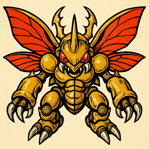 Herculeskabuterimon, visto desde arriba, calidad y detalles altamente épicos.
In-Game asset.  2d.  High contrast.  No shadows