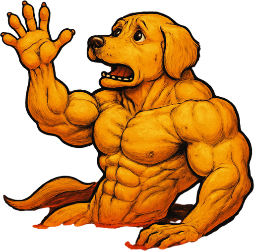 Super buff Golden dog with a hand up laying falling in lava holding his hand out for help. full body. Facing right.
2d.