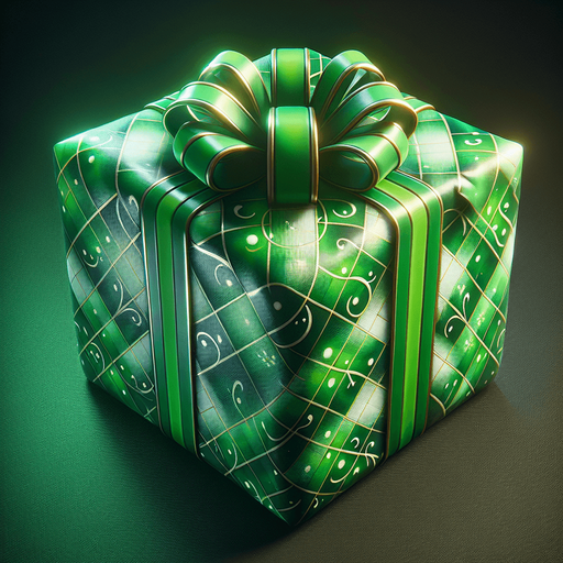 Christmas gift beautifully wrapped in green glowing wrapping paper Single Game Texture. In-Game asset. 2d. Blank background. High contrast. No shadows.