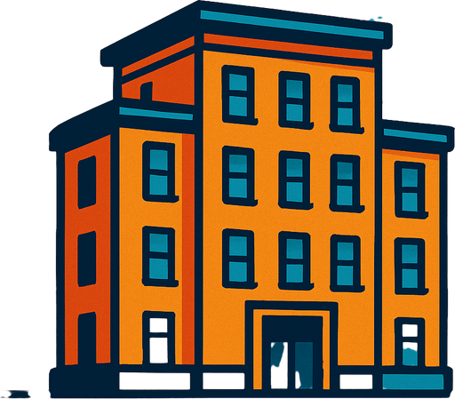 cloudy sunny building background.
In-Game asset.  2d.  High contrast.  No shadows