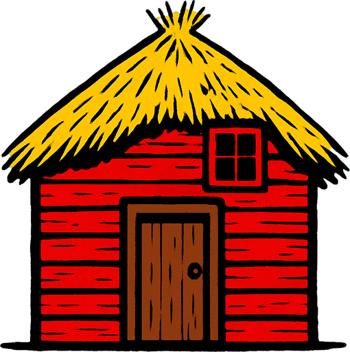 Make a house, with a wood door, the house is made of red wood and the door brown wood, the roof is made of wheat.
2d.  High contrast.  No shadows
