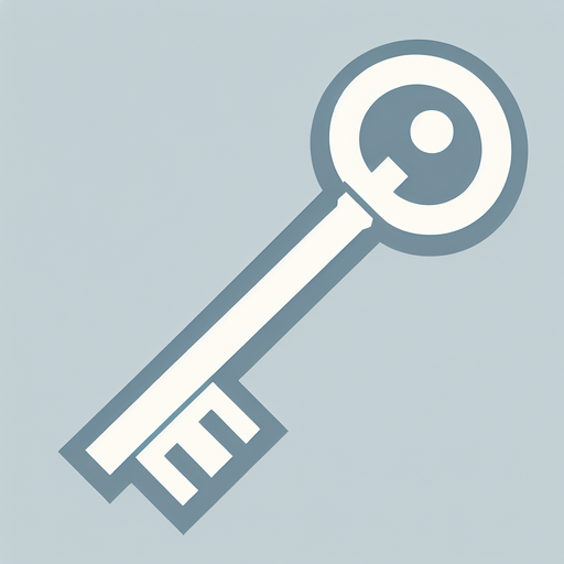 A very simple and minimalistic white key symbol, designed with clean lines and no additional details. The key has a basic rectangular shaft with a small circular head and a single notch, all in a flat white design. The style is subtle and understated, focusing on simplicity and clarity..
Single Game Texture. In-Game asset. 2d. Blank background. High contrast. No shadows.