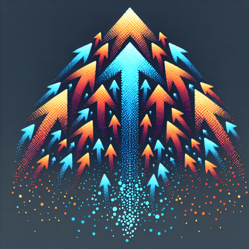 Sprite sheet of particle textures arrows. Bright colors, gradient from blue to orange in direction of arrow. Transparent gray background.