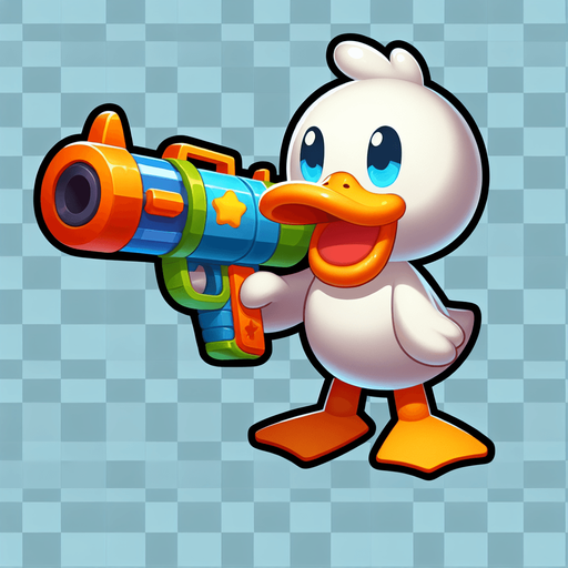Title game:duck with a gun.
Single Game Texture. In-Game asset. 2d. Blank background. High contrast. No shadows.