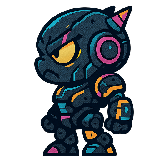 Side view, angry cyberpunk robot, looking left. full body, cute but aggro
In-Game asset.  2d.  High contrast.  No shadows