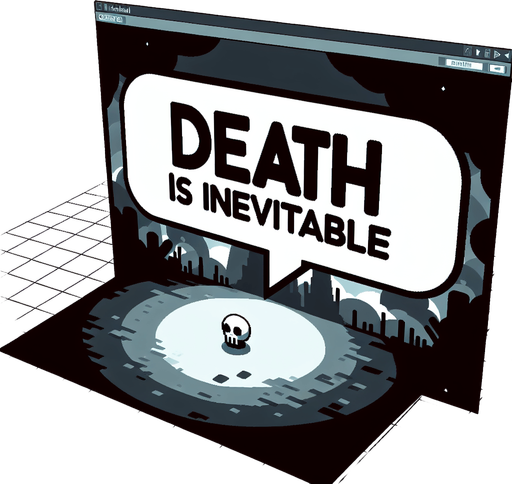 "Death Is Inevitable" Text Bubble Single Game Texture. In-Game asset. 2d. Blank background. High contrast. No shadows.