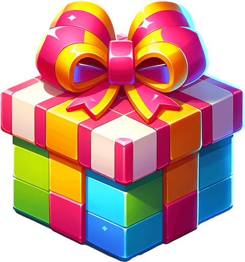 gift wrapped box, bright light colours. with bow on top Single Game Texture. In-Game asset. 2d. Blank background. High contrast. No shadows. Single Game Texture.
