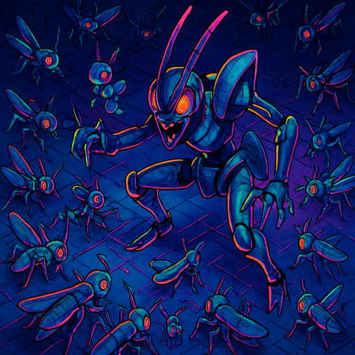Neon cyberpunk horror anime top down isometric Lokix Nymble robot locusts swarming