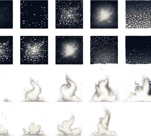 A sprite sheet of dust particles. like from someone walking
Single Game Texture. In-Game asset. 2d. Blank background. High contrast. No shadows.