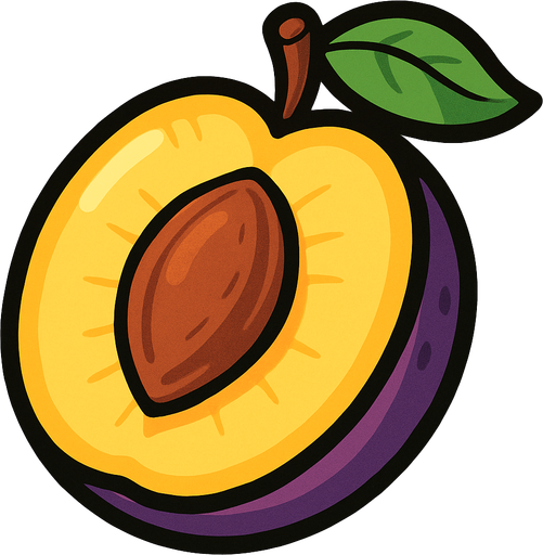 Ciruela Fruta cortada por la mitad.
In-Game asset.  2d.  High contrast.  No shadows. Cartoon.