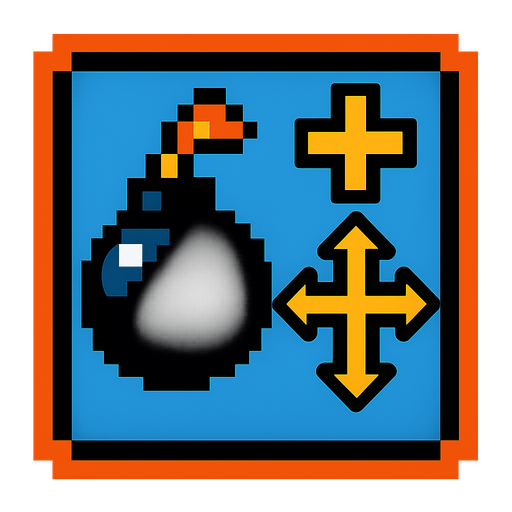 powerup icon for an additional range of the bomb explosion you can throw, retro arcade game.
In-Game asset.  2d.  High contrast.  No shadows