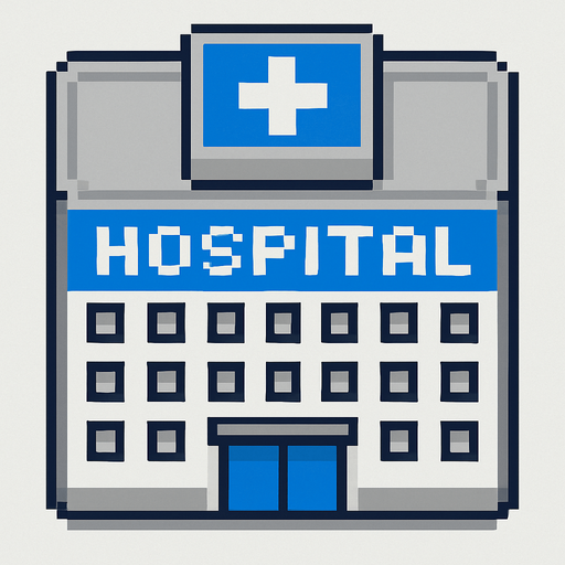 Hospital building 2d pixilated topdown.
In-Game asset.  2d.  High contrast.  No shadows