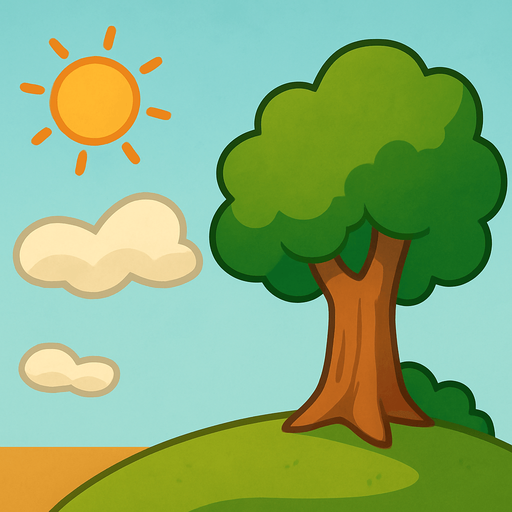 background. there is a tree, clouds and sun.  background. background. Blank background. No shadows. 2d. In-Game asset. flat