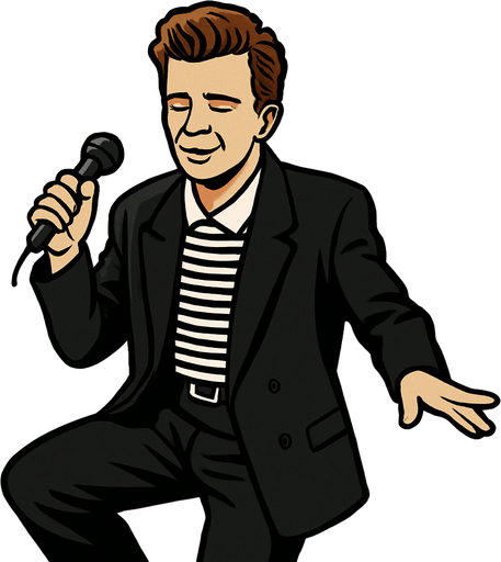 Realistic MEME of Rick Astley dancing with mic.
In-Game asset.  2d.  High contrast.  No shadows
