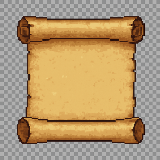 High-quality 2D pixel art of an empty parchment scroll. The scroll is slightly aged, with soft yellowed paper tones, curled edges, and subtle wrinkles and texture details. The ends are rolled and slightly shadowed for depth. The parchment is unrolled and centered, with no text or symbols on it. Style is clean and classic 16-bit pixel art, suitable for use in a fantasy RPG inventory or dialogue box. Transparent background.".
In-Game asset.  2d.  High contrast.  No shadows