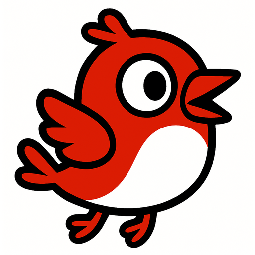 Single simple cartoon bird for a game titled "Flap & Bounce". The bird has lots red and white and is high contrast. Only bird. No shadows.
In-Game asset.  2d.  High contrast.  No shadows