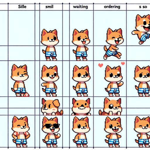 A spritesheet with a number of poses of an happy little dog in swimming trunks, smiling, walking, waiting, standing, ordering, turning, etc. all seen from the side.The spritesheet should be laid out in a rectangular grid with clear space between each individual sprite. Each sprite in the sheet should be around 300x600 pixels in size..
Single Game Texture. In-Game asset. 2d. Blank background. High contrast. No shadows.